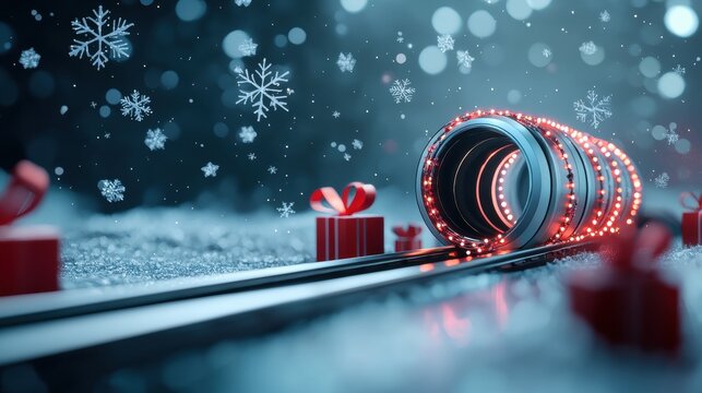 A festive holiday greeting card with a stylized hyperloop capsule decorated with Christmas lights, surrounded by snowflakes and presents.