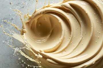 Silky Oat Cream Wave Cascade with Droplets and Splashes in Plant-Based Texture Design