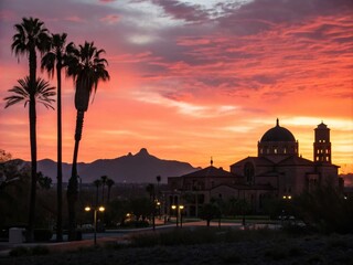 Captivating Silhouette Photography of the Iconic University of Arizona During Sunset, Showcasing Its Distinct Architecture and Scenic Surroundings for Stock Imagery