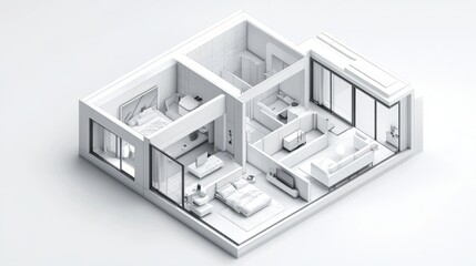 Realistic 3D sliced house concept showing cross-sectional views of furnished rooms, from bedroom to bathroom, in a modern layout.