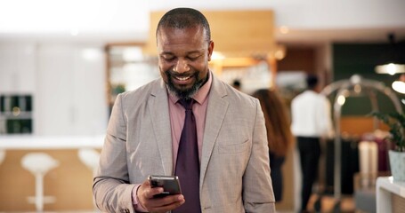 Black man, phone and hotel for online booking, search and professional for luxury accommodation....