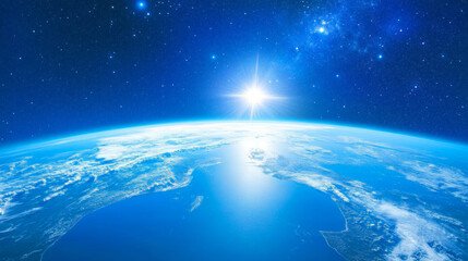 Obraz premium 3D planet earth in space universe with shiny star dark blue technology science background with copy space. astronomy starry sky shimmering glow wallpaper