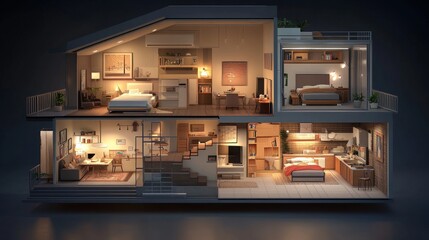 Sliced 3D house illustration with open walls, revealing interior rooms such as the kitchen, bedroom, and living room with realistic furniture.