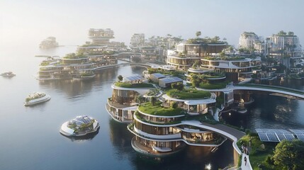 Futuristic city on the water with green roofs and floating boats.