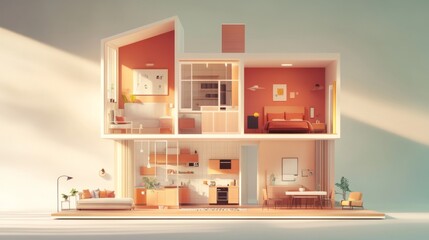 Fototapeta premium Sliced 3D house illustration with open walls, revealing interior rooms such as the kitchen, bedroom, and living room with realistic furniture.