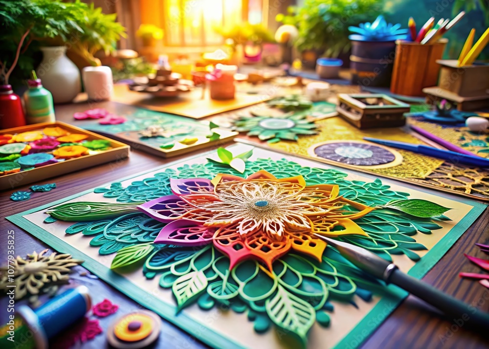 Poster captivating tilt-shift photography of intricate paper cutting artistry showcasing delicate patterns 