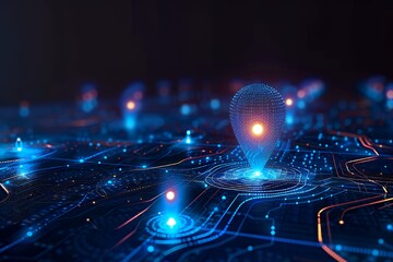 Digital map with glowing location pin on a circuit board background.