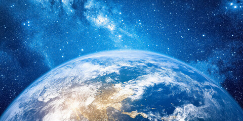 Obraz premium 3D planet earth in space universe with shiny star dark blue technology science background with copy space. astronomy starry sky shimmering glow wallpaper