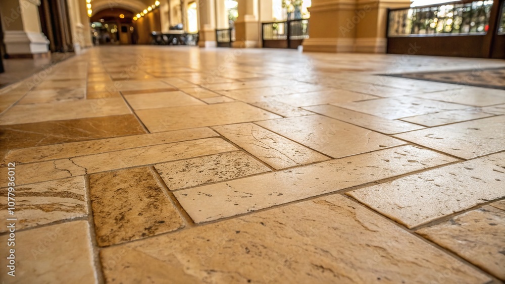 Poster captivating top view of polished travertine tiles in warm beige hues showcasing intricate patterns a