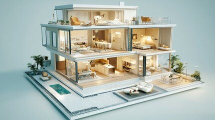 Sliced open 3D house with visible interior rooms and furnishings, showing a detailed floor plan and stylish decor choices.