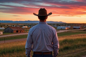 Rancher Silhouette in Scenic Sunset Over Charming Rural Town Landscape