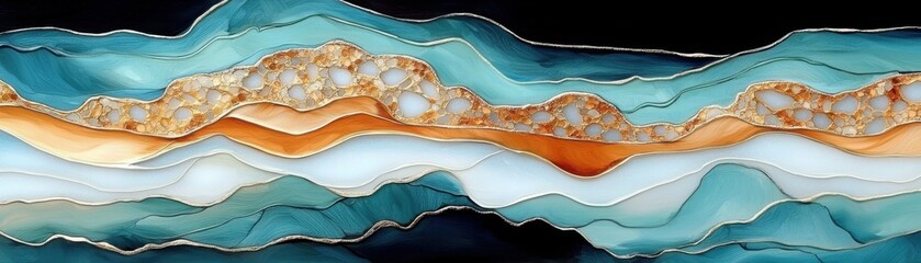 Abstract Teal Gold Ocean Wave Art Print Modern Coastal Decor Wall Art