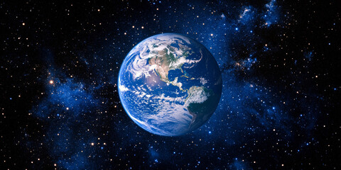 3D planet earth in space universe with shiny star dark blue technology science background with copy...