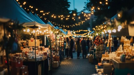 A bustling night market with festive lights and stalls selling various goods.