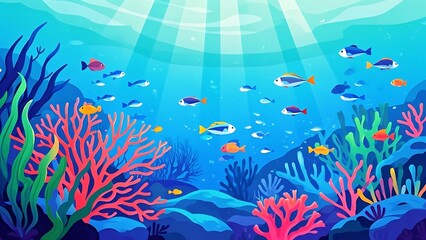 A vibrant coral reef under the sea - A vector-style underwater scene with bright coral reefs, seaweed, and schools of stylized fish swimming, set in a tranquil blue ocean with light rays filtering thr