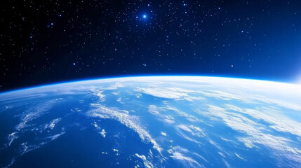 Obraz premium 3D planet earth in space universe with shiny star dark blue technology science background with copy space. astronomy starry sky shimmering glow wallpaper