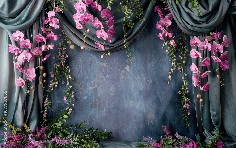 Poster deep plum studio backdrop with a matte finish, deep plum silk curtains with soft pink orchids and tr