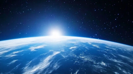 3D planet earth sunrise in space universe with shiny star white blue technology science background with copy space. astronomy starry sky shimmering glow wallpaper