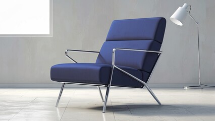 A sleek, modern armchair in deep navy blue with chrome legs, placed in a minimalist room with a white background, showcasing