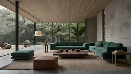 Fototapeta premium AI-generated minimalist living rooms blending Scandinavian and East Asian aesthetics, featuring natural materials, serene backdrops, and unique color accents