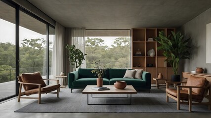 Fototapeta premium AI-generated minimalist living rooms blending Scandinavian and East Asian aesthetics, featuring natural materials, serene backdrops, and unique color accents