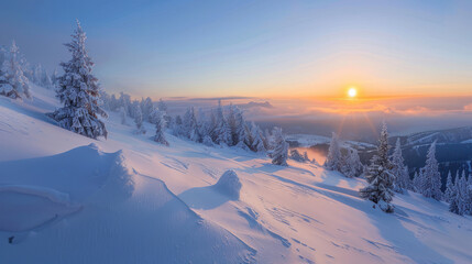 Fototapeta premium The sun rising over a wintery mountain landscape, the snow illuminated by the soft morning light, creating a peaceful and serene view.