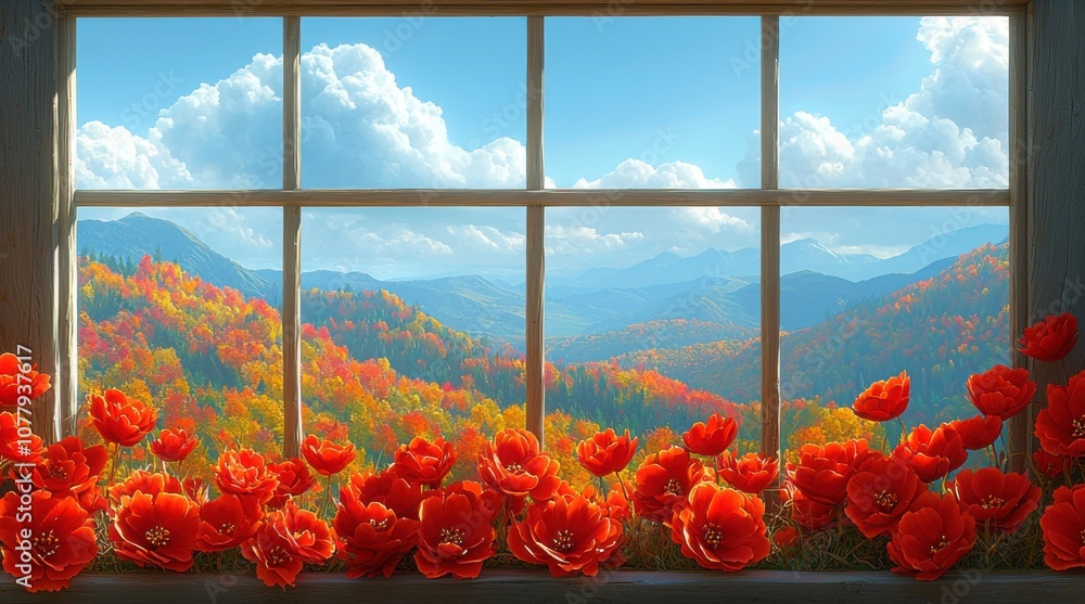 Poster autumn mountain view from window with red poppies