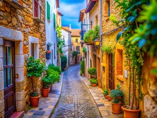 Fototapeta premium Charming Narrow Street in Tossa de Mar: A Tilt-Shift Perspective of Ancient Stone Walls and Cobblestone Pathways in an Old Village Setting