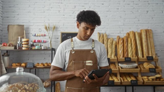 Young man working in a bakery shop checking a tablet with various types of bread and pastries on display shelves