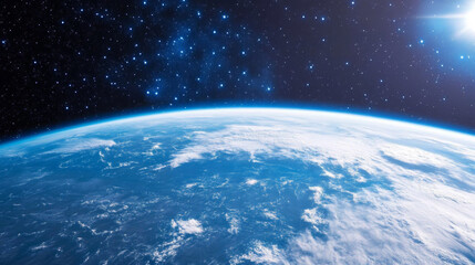 3D planet earth in space universe with shiny star dark blue technology science background with copy...