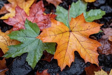 Autumn Maple Leaves Fall Foliage Nature Background Wet Leaves Colorful Seasonal