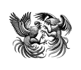 two roosters in a fight engraving black and white outline