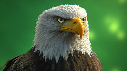 Fototapeta premium Closeup Portrait of a Bald Eagle with a Green Background Illustration