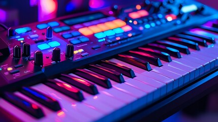 Closeup of a digital keyboard with colorful lights.