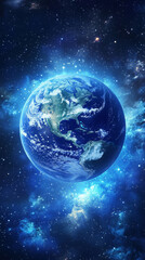 Obraz premium 3D planet earth in space universe with shiny star dark blue technology science background with copy space. astronomy starry sky shimmering glow wallpaper