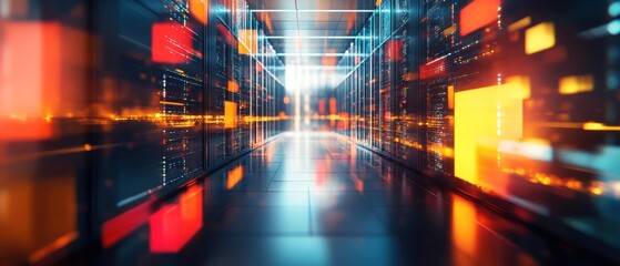 Fototapeta premium A futuristic data center corridor with glowing elements and a high-tech ambiance.