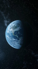 Naklejka premium 3D planet earth in space universe with shiny star dark blue technology science background with copy space. astronomy starry sky shimmering glow wallpaper