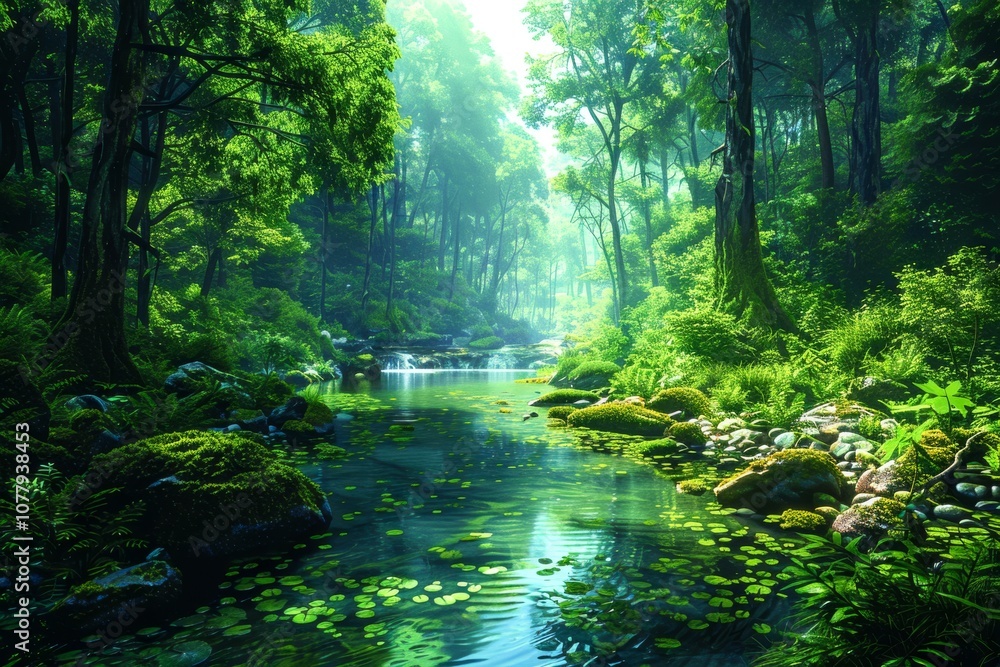 Poster dense forest with a crystal-clear stream winding through, surrounded by lush greenery and a canopy o