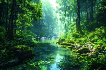 Obraz premium Dense forest with a crystal-clear stream winding through, surrounded by lush greenery and a canopy of ancient, towering trees 
