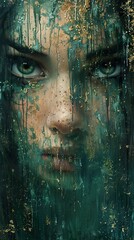 Mysterious Woman Portrait with Green and Gold Paint Splashes