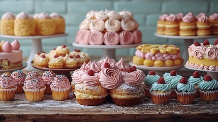 A variety of colorful cakes and cupcakes decorated with frosting and raspberries on a wooden table.