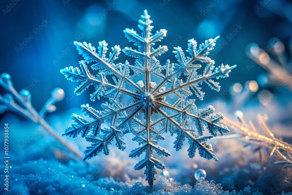 Aufkleber closeup of a delicate snowflake showcasing intricate patterns against a cool blue background in vint