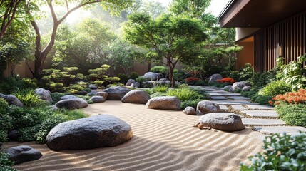 Serene garden with rocks, plants, and a sandy pathway.