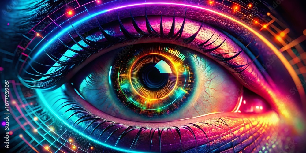 Poster close-up of a futuristic eye with neon elements, emphasizing technology and digital enhancement in v