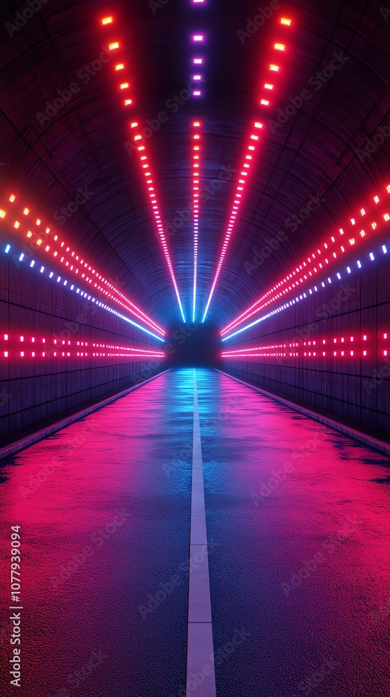 Poster A long, dark tunnel with colorful neon lights illuminating the path ahead, creating a sense of mystery and excitement.