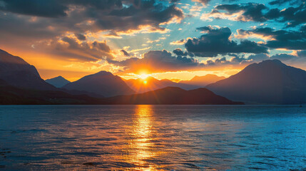 Fototapeta premium The sun setting behind distant mountains, creating a picturesque scene ideal for capturing dramatic light and shadow.