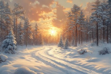 Fototapeta premium serene winter landscape enveloped in soft golden light as snow blankets the ground creating a peaceful and magical atmosphere that glows with tranquility and beauty