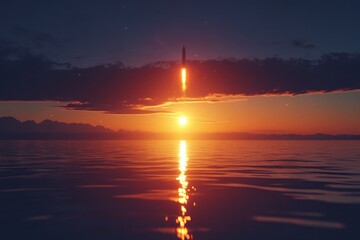 Fototapeta premium Rocket Launch at Sunset Over a Calm Sea