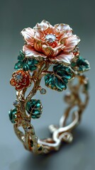 Fototapeta premium Floral Diamond Ring with Green Leaves and Gold Setting - Exquisite Jewelry Design