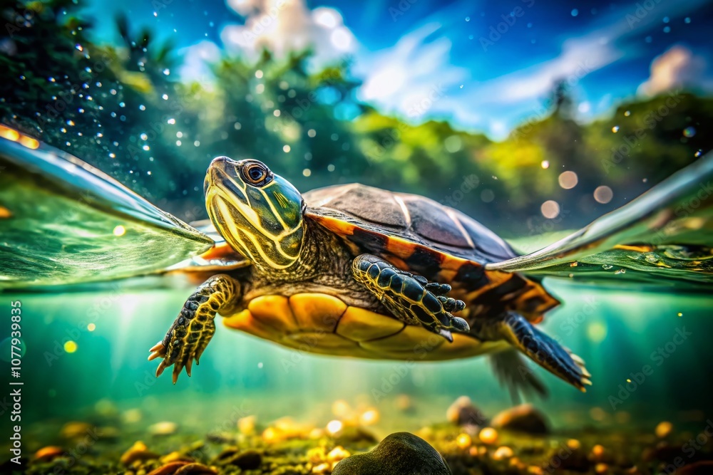 Poster close up of a turtle shell in water with bokeh effect, showcasing intricate patterns and textures, i